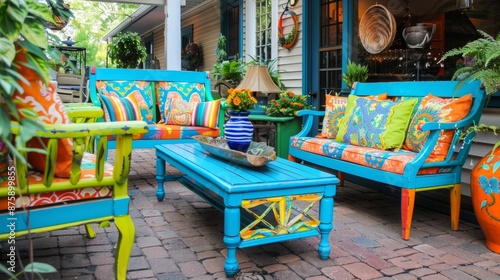 Colorful painted outdoor patio furniture on terrace
