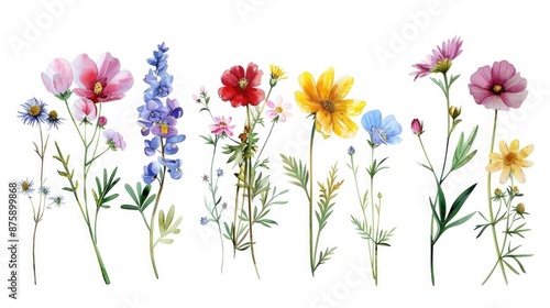 Watercolor Wildflower Collection. Botanical Illustrations of Spring and Summer Flowers Set © AIGen