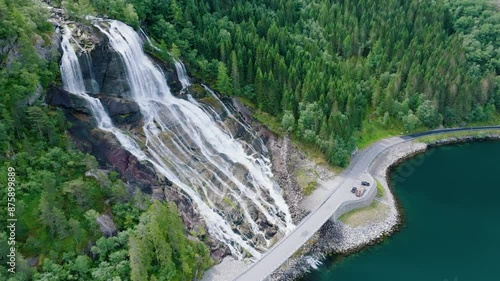 Aerial view of the waterfall Furubergsfossen in Vestland county, Norway