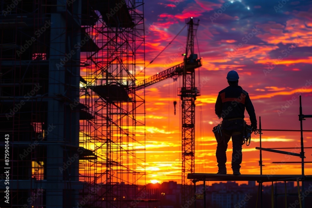 © Thanyaporn - Silhouette of a construction worker climbing a scaffold at a construction site. The worker is seen in mid-climb, with the unfinished building structure and construction cranes in the background. The © Thanyaporn - Silhouette of a construction worker climbing a scaffold at a construction site. The worker is seen in mid-climb, with the unfinished building structure and construction cranes in the background. The