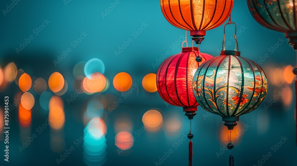 Fototapeta premium Cultural fair showcasing regional delicacies and traditional crafts under festive lantern lights Stock Photo with copy space