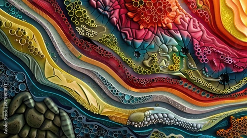Contemporary art piece with layers of vibrant colors and intricate patterns, inviting the viewer to explore its depths.