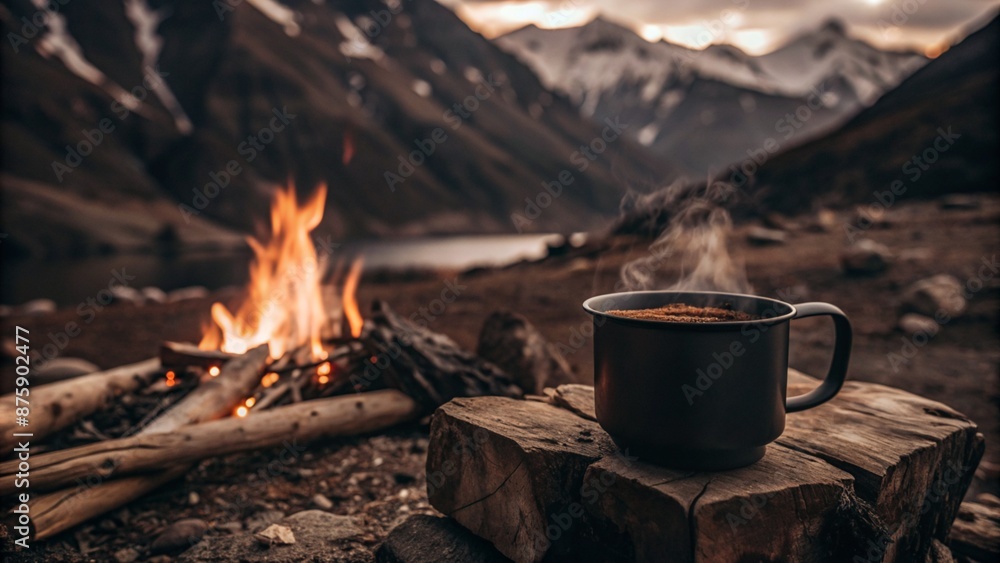 Cup of coffee next to a campfire with mountains in the background Cup of coffee next to a campfire with mountains in the background