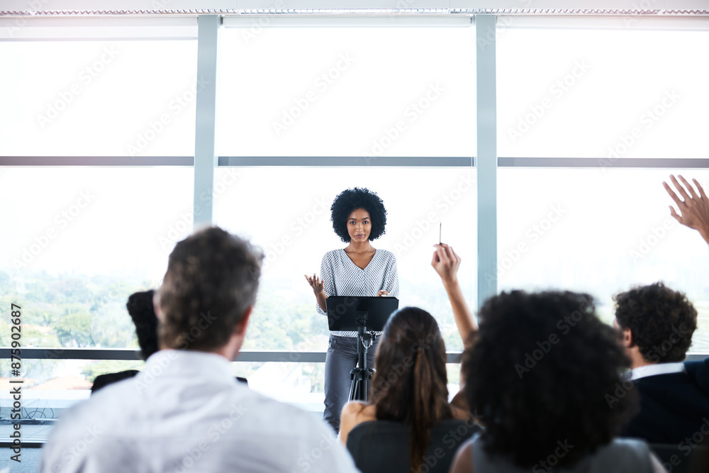 © AK Coop/peopleimages.com - Presentation, conference and black woman with question from business people for discussion, meeting and speech. Entrepreneurship, audience and men and women ask in seminar, tradeshow and convention © AK Coop/peopleimages.com - Presentation, conference and black woman with question from business people for discussion, meeting and speech. Entrepreneurship, audience and men and women ask in seminar, tradeshow and convention