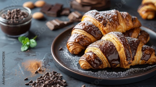 Scrumptious chocolate croissants on a plate with cocoa powder and mint garnish photo