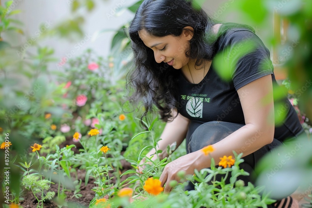 Woman tending to a garden of marigolds Woman tending to a garden of marigolds