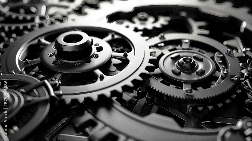 Precise industrial engineering, smoothly rotating interlocking metal gears demonstrate complex concepts Precise industrial engineering, smoothly rotating interlocking metal gears demonstrate complex concepts