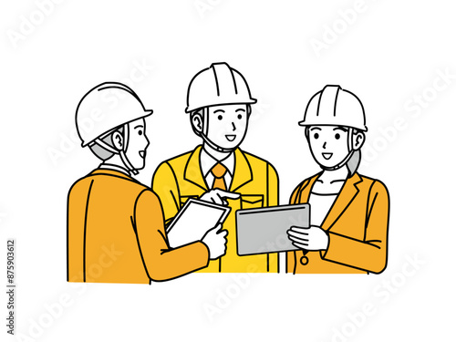 ミーティングや話し合いをする建設業、製造関係のイラスト