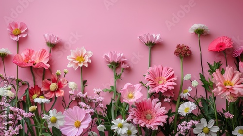 Fototapeta Naklejka Na Ścianę i Meble -  Pink and white flowers of various species arranged on a pink background