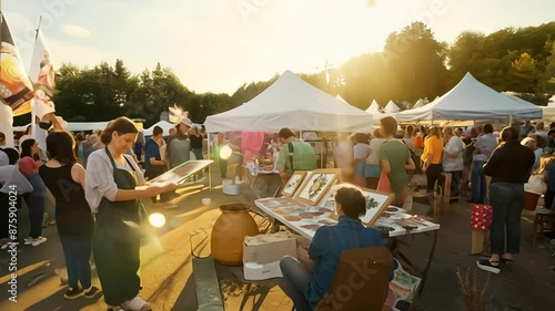 Busy Outdoor Market With Vendors and Shoppers on a Sunny Day