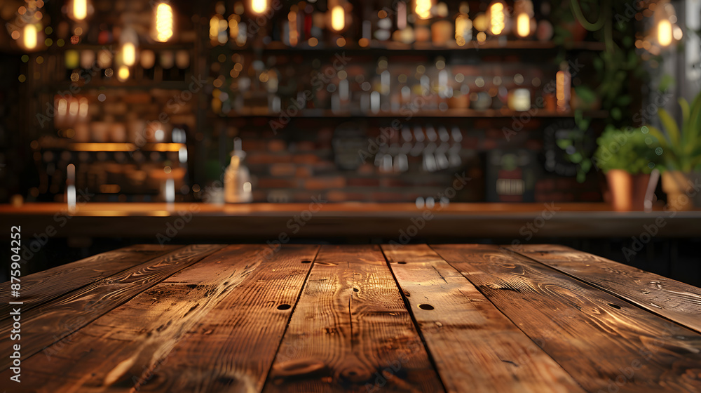 Obraz premium Wooden Board Table in Front of Blurred Coffee Shop Background for Product Display