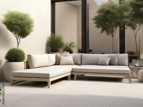 Modern outdoor patio with a stylish, minimalist white sectional sofa and lush potted plants, creating a serene and inviting relaxation space.