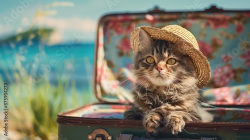 cat in a straw hat sits in a suitcase with things for a summer vacation at sea.