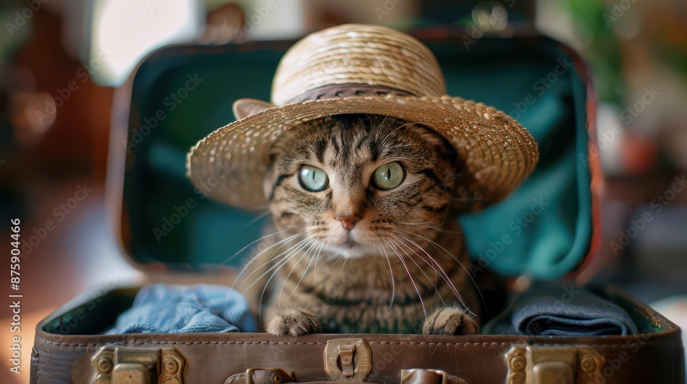 cat in a straw hat sits in a suitcase with things for a summer vacation at sea.