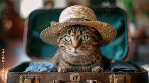 Obraz na płótnie cat in a straw hat sits in a suitcase with things for a summer vacation at sea. w salonie