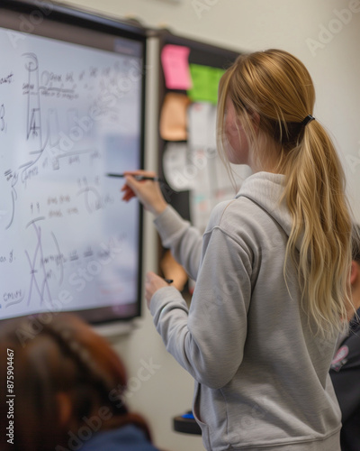 teacher writing math equations on smartboard engaging with students during class