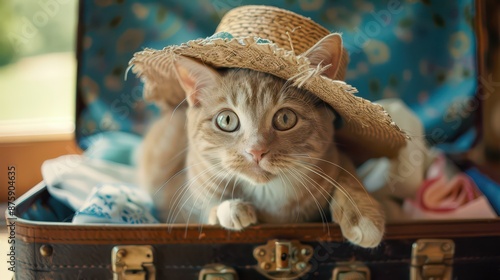 Obraz na płótnie cat in a straw hat sits in a suitcase with things for a summer vacation at sea. w salonie