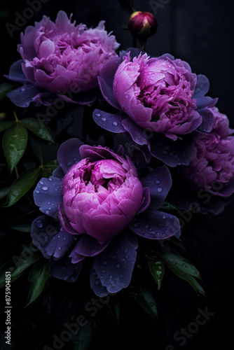 Bunch of purple flowers with water droplets