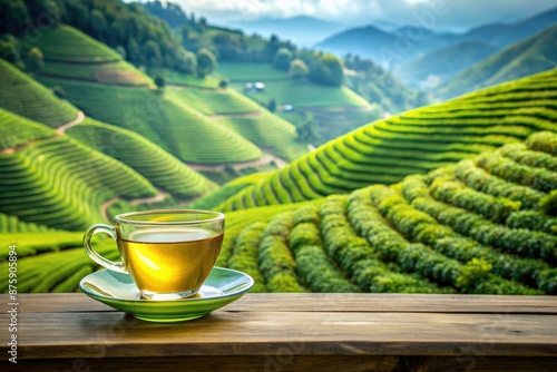 a cup of green tea against the background of tea plantations