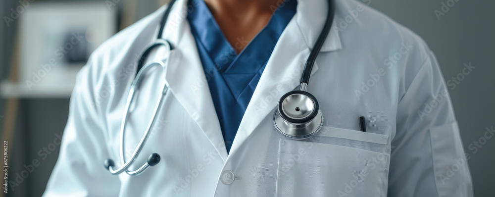 Close-Up of Medical Professional in White Lab Coat with Stethoscope in Modern Healthcare Setting Close-Up of Medical Professional in White Lab Coat with Stethoscope in Modern Healthcare Setting