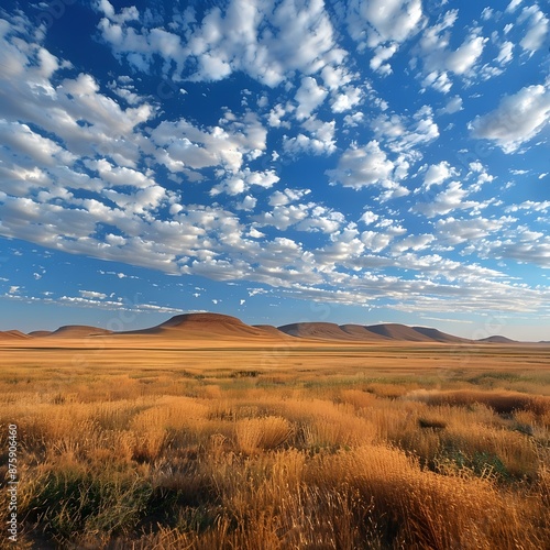 Wide Open Field Under a Blue Sky with Fluffy White Clouds © Adobe Contributor