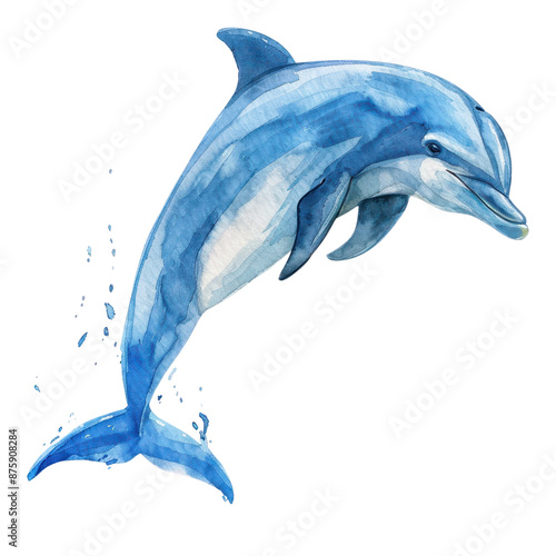 Watercolor illustration of a playful dolphin leaping out of the water. Perfect for ocean-themed and marine life designs.