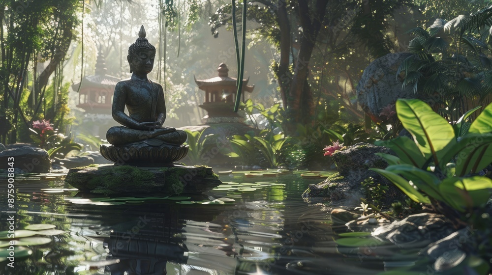 Naklejka premium Reflective Zen Garden Oasis for Spiritual Awakening