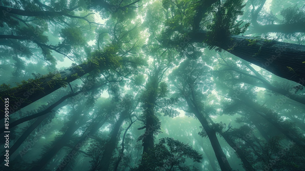 Towering trees in lush woodland Towering trees in lush woodland
