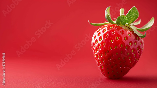 A close-up image of a fresh, ripe strawberry against a red background. The strawberry is perfectly ripe, with a glossy, red surface and green leaves. photo