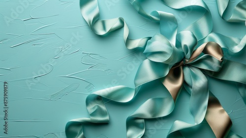 Blue and gold ribbons form an elegant bow on a blue textured background photo