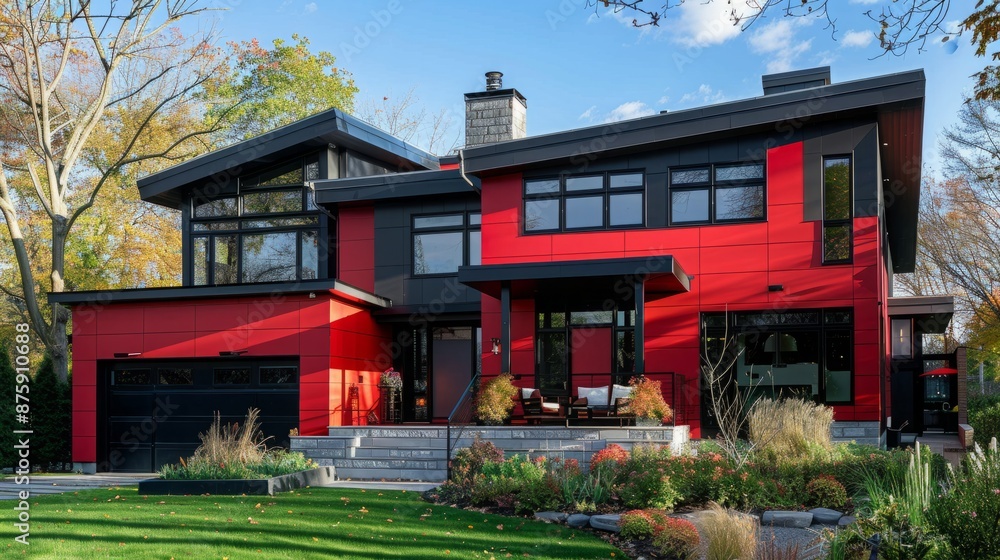 Fototapeta premium Contemporary Villa with Striking Red Facade and Black Design Elements
