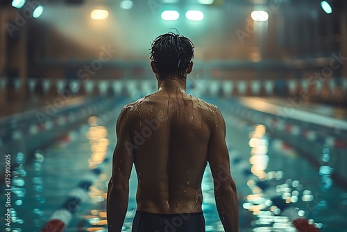  Back view of a diving sport athlete on diving tower ready to jump into Olympics swimming pool 