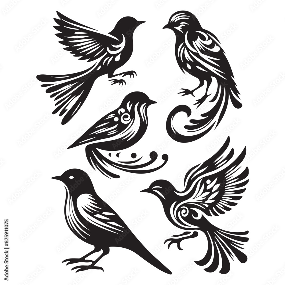 Fototapeta premium set of five stylized bird illustrations featuring detailed feather and swirl motifs, ideal for artistic projects