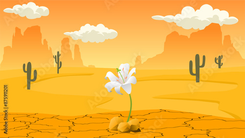 Landscape illustration lily flower blooms from barren desert