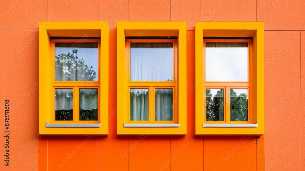 Bright orange farmhouse exterior highlighted by yellow window frames Bright orange farmhouse exterior highlighted by yellow window frames