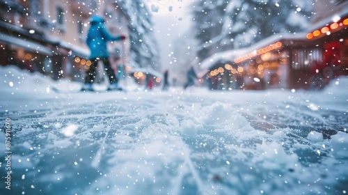 Snowy Winter Scene in a Festive Town