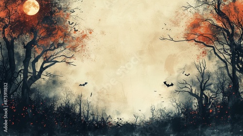 Watercolor painting of a spooky forest with bats and a blood-red moon © addymawy