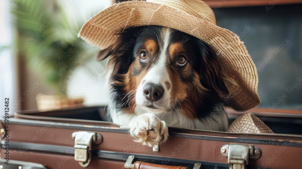 dog in a straw hat sits in a suitcase with things for a summer vacation at sea