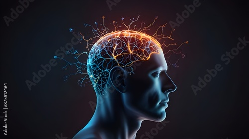 Human Head with Glowing Neurons in Brain: Esoteric and Meditation Concept, spiritual enlightenment, brainwave illustration, esoteric mind, mystical connections, meditative state