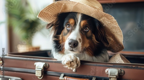 Obraz na płótnie dog in a straw hat sits in a suitcase with things for a summer vacation at sea w salonie
