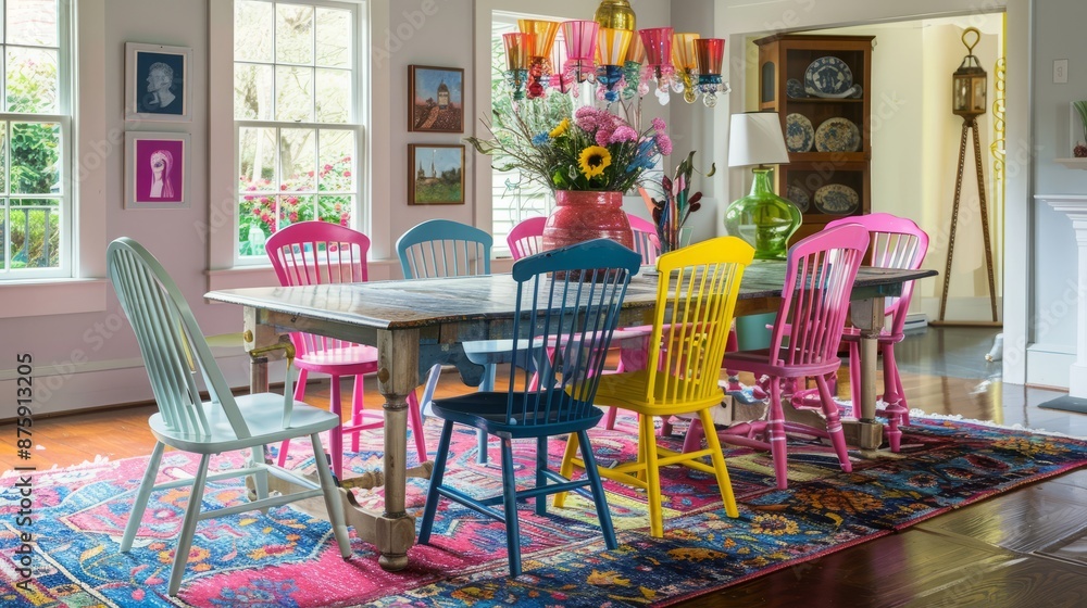 Obraz premium Colorful painted wooden dining chairs in bright interior
