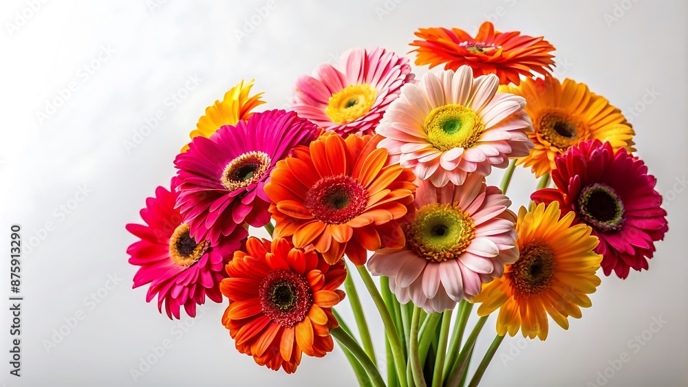 A bouquet of gerberas on a white background with space for text.
A bouquet of gerberas on a white background with space for text.