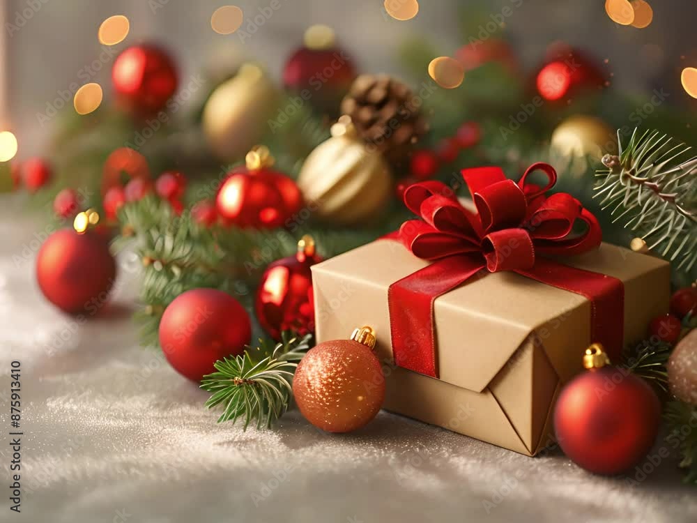Elegant Christmas gift box with red bow and festive decorations. Ideal for seasonal promotions and holiday greeting videos, festive Christmas and New Year themes, commercials, visuals, digital cards Elegant Christmas gift box with red bow and festive decorations. Ideal for seasonal promotions and holiday greeting videos, festive Christmas and New Year themes, commercials, visuals, digital cards