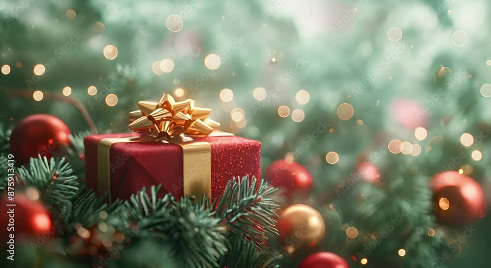 Red Christmas gift box with golden bow and festive decorations. Ideal for seasonal promotions and holiday greeting videos, festive Christmas and New Year themes, commercials, visuals, digital cards Red Christmas gift box with golden bow and festive decorations. Ideal for seasonal promotions and holiday greeting videos, festive Christmas and New Year themes, commercials, visuals, digital cards
