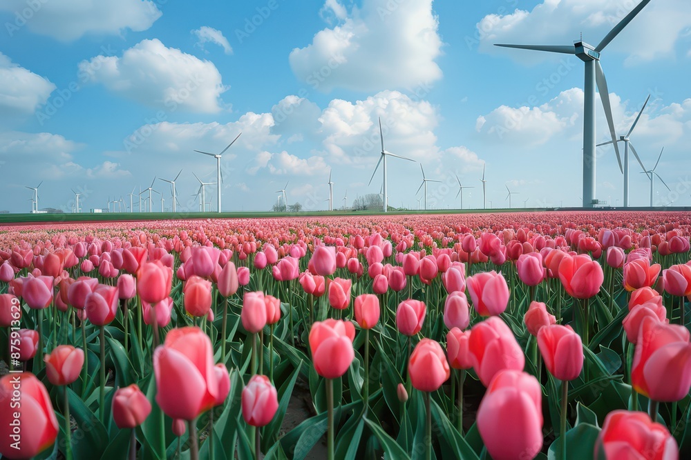 Field with tulips and wind turbines