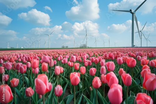 Obraz na płótnie Field with tulips and wind turbines w salonie