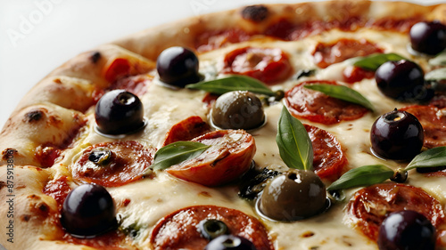A freshly baked pizza on a white background, topped with melted cheese, tomato sauce, and a variety of colorful toppings. Crispy crust and savory aroma complete the enticing image.