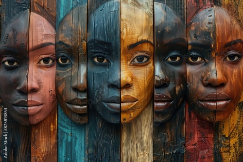 A striking artwork features a collection of diverse faces meticulously painted on vertical wooden planks, each one showcasing unique colors and textures representing unity and diversity.