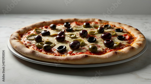 A freshly baked pizza on a white background, topped with melted cheese, tomato sauce, and a variety of colorful toppings. Crispy crust and savory aroma complete the enticing image.