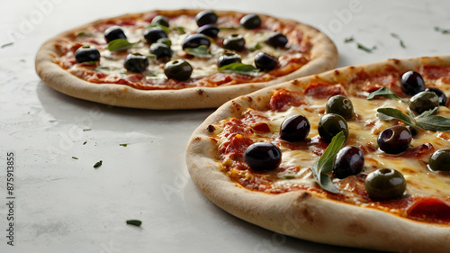 A freshly baked pizza on a white background, topped with melted cheese, tomato sauce, and a variety of colorful toppings. Crispy crust and savory aroma complete the enticing image.